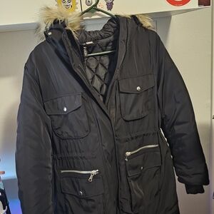 H&M Black Puffer Jacket with Faux Fur Hood